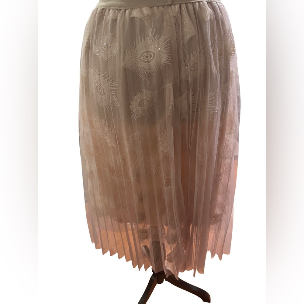 Embroidered Tulle Midi Skirt – Sheer Mesh Overlay with Peacock Feather Design